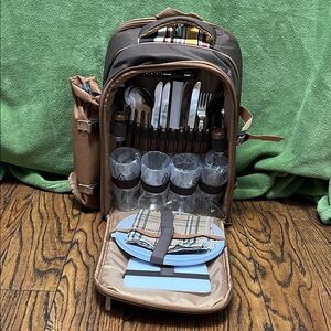 Brown Picnic Backpack with Utensils and Plates
